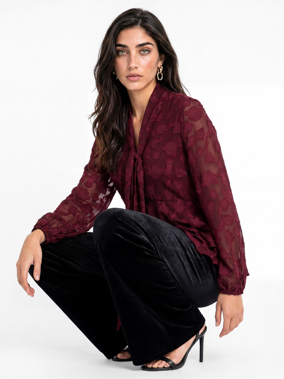 Lovedrobe Berry Floral Burnout Pussybow Peplum Blouse