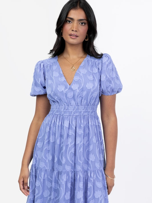 Lovedrobe Blue Short Sleeve Floral Burn Out Midi Dress