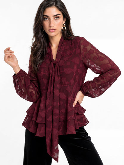 Lovedrobe Berry Floral Burnout Pussybow Peplum Blouse