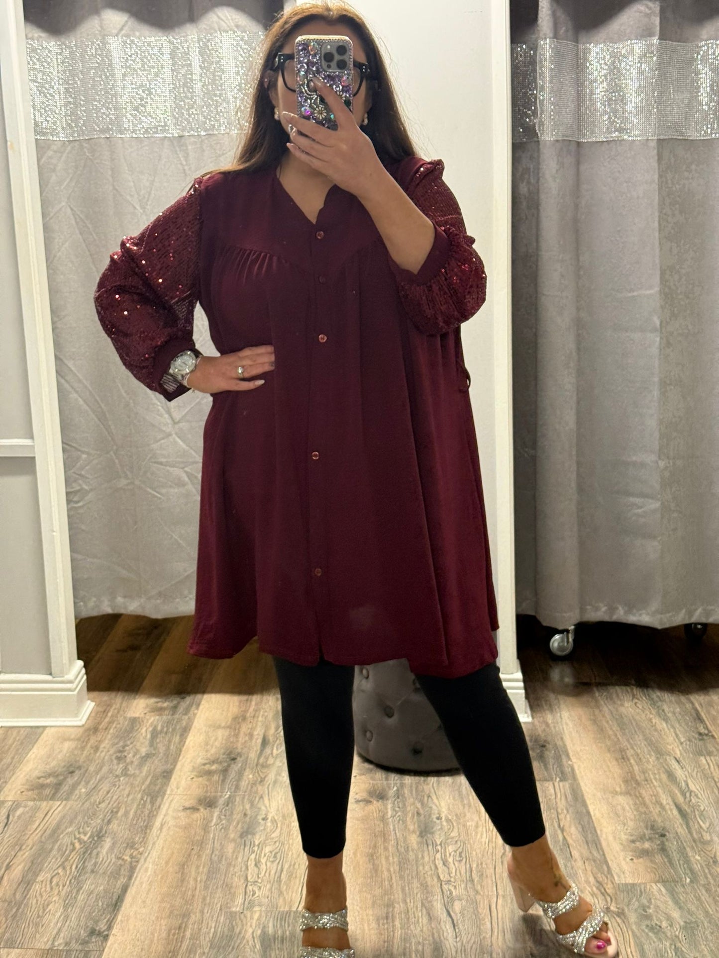 Sequin Sleeve Shirt Dress